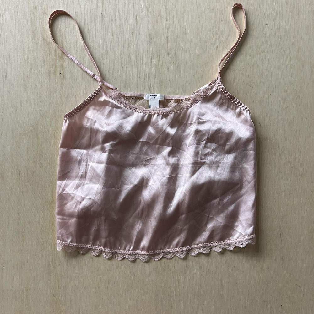Y2K‎ Forever 21 Tank Top Womens Small Pink Satin Lace Trim Cropped Cami Camisole